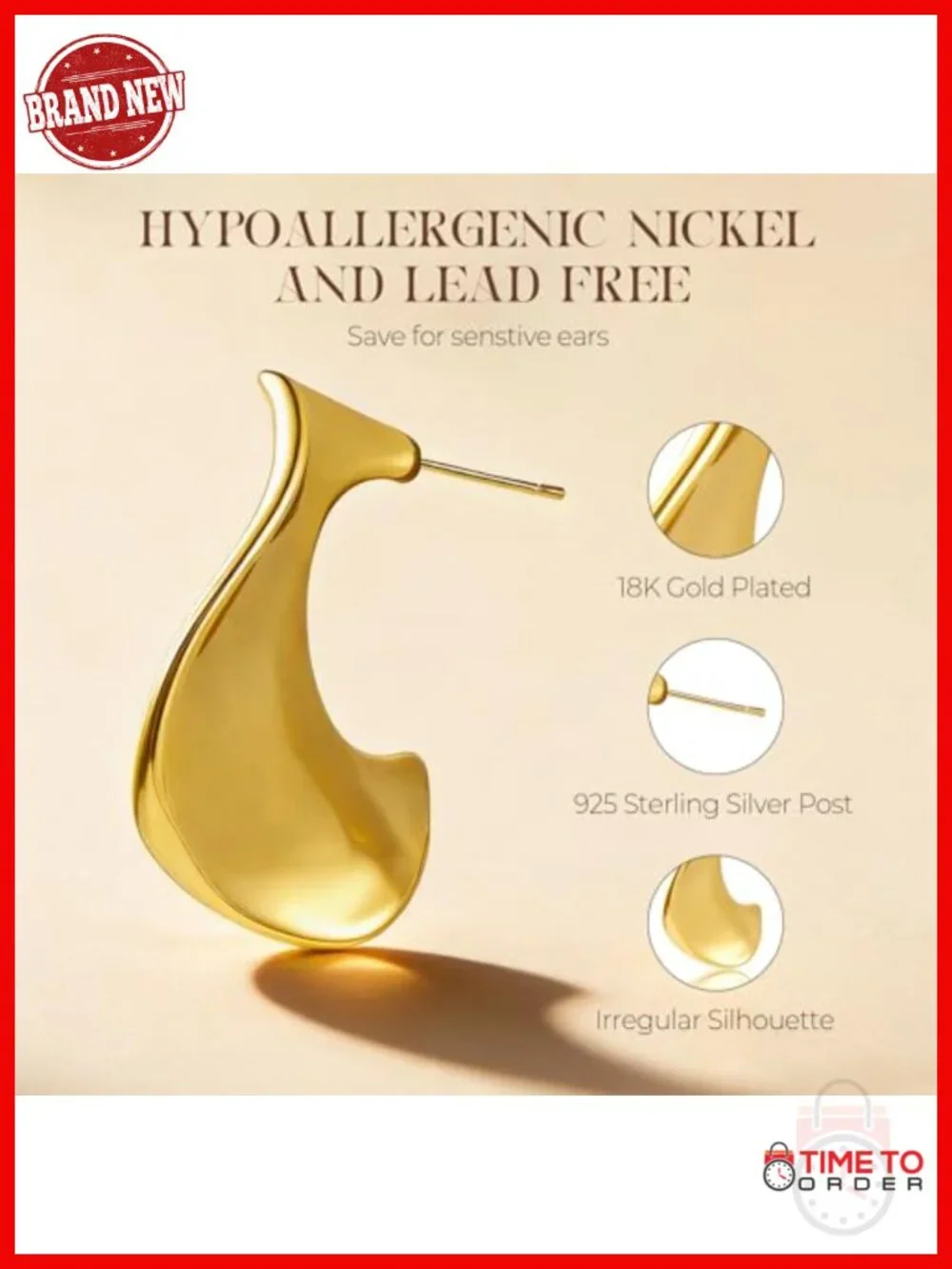 Irregular Half Hoop Earrings 18K Gold Plated S925 Silver Post Hypoallergenic